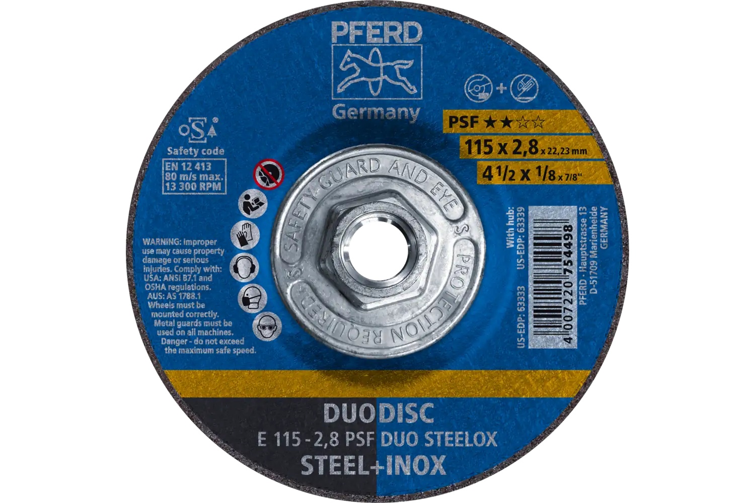 Picture of Pferd Combination Wheel, 4-1/2" X 1/8 X 5/8-11, Psf Duodisc Steelox,T27, Aluminum Oxide